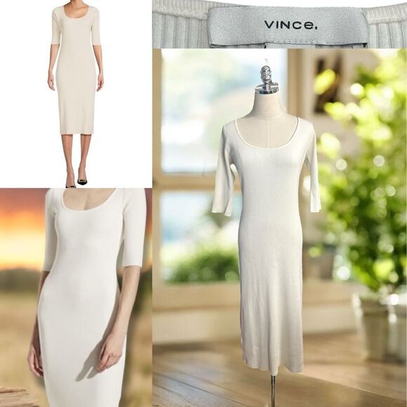 Vince | Ribbed Elbow Sleeve Scoop Neck MIDI Dress Size L - Picture 1 of 14